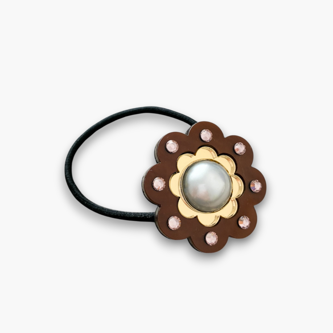 Coletero ADIN negro con flor marrón, perla y cristal rosa vintage