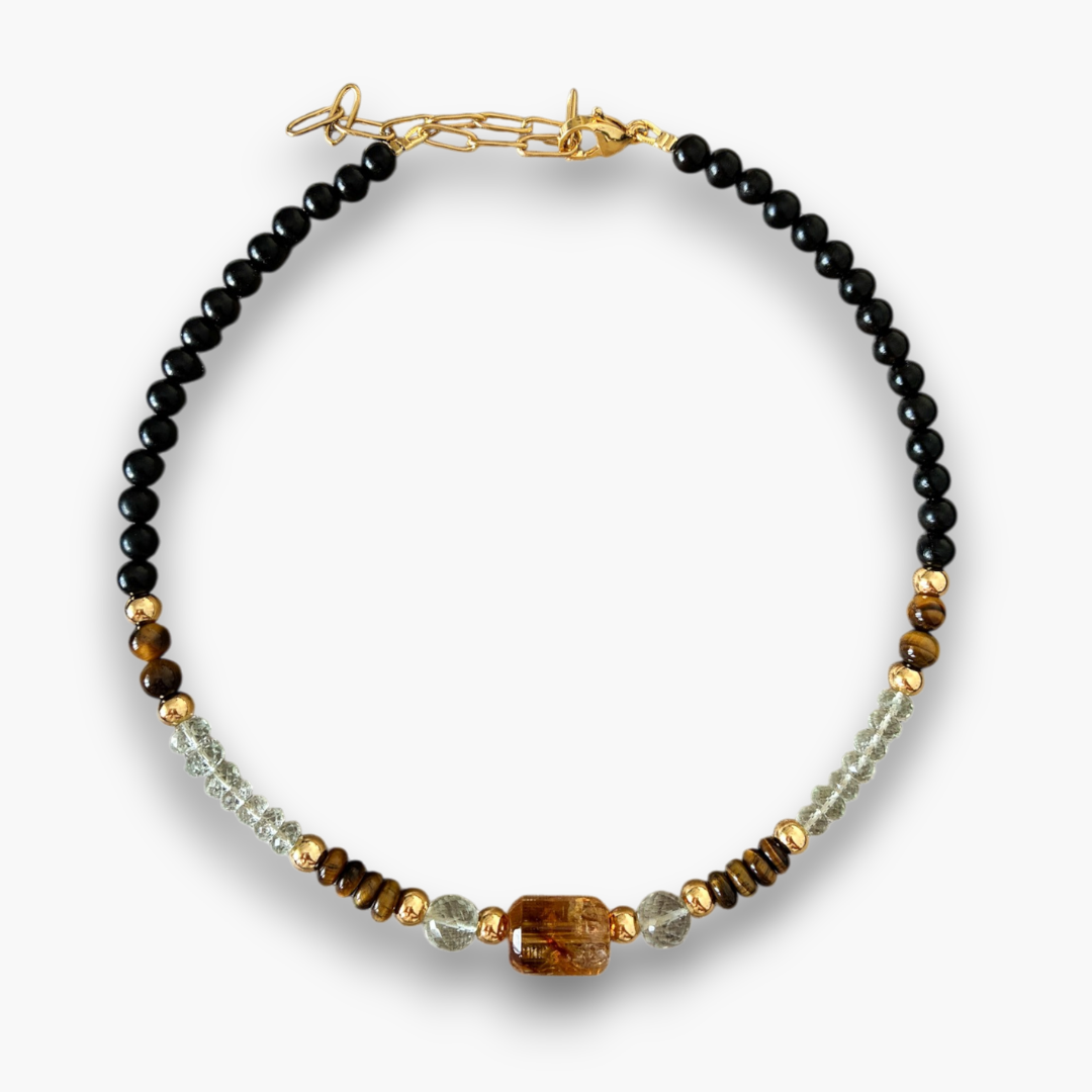 Collar citrino, prasiolita, ojo de tigre y ébano