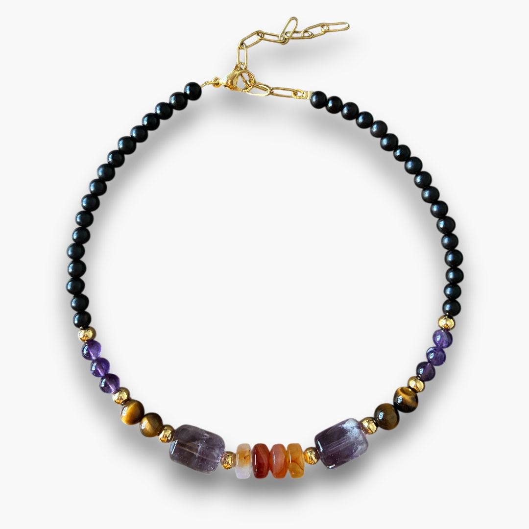 Collar cornalina, amatista, ojo de tigre y ébano