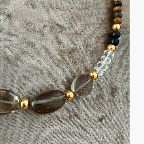 Collar cuarzo ahumado, cristal de roca, ojo de tigre y ébano