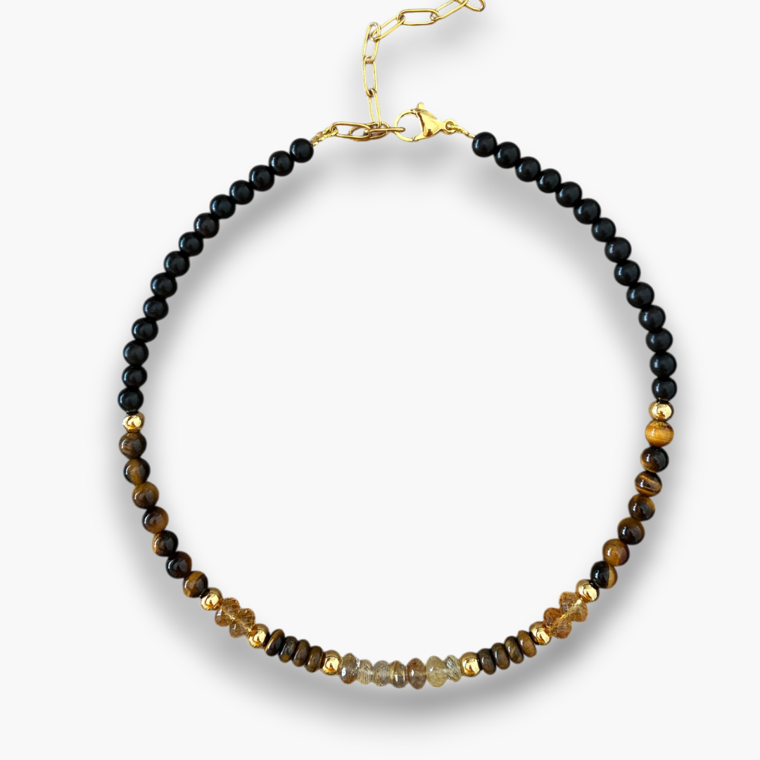 Collar cuarzo rutilado, topacio imperial, ojo de tigre y ébano
