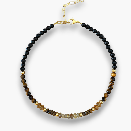Collar cuarzo rutilado, topacio imperial, ojo de tigre y ébano