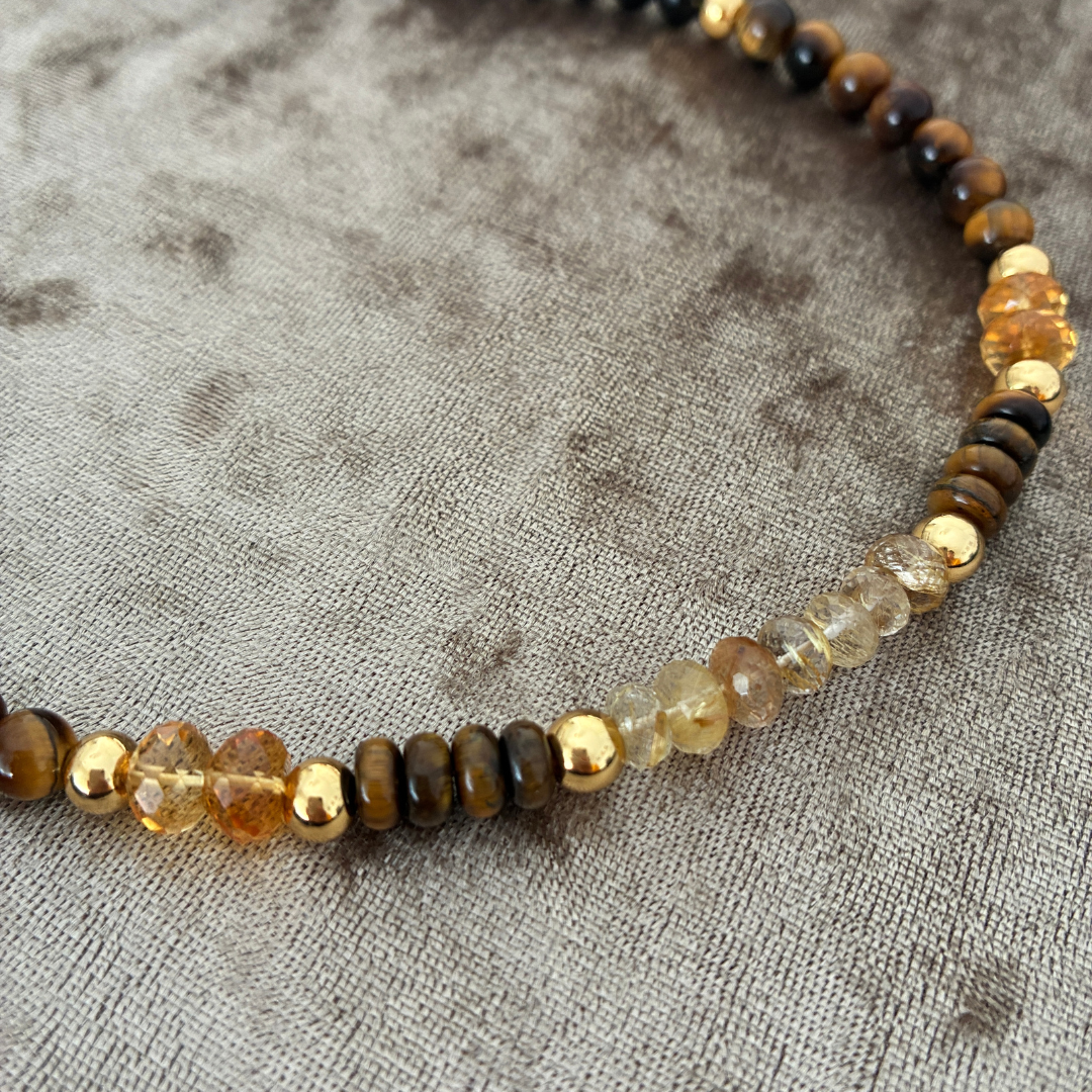 Collar cuarzo rutilado, topacio imperial, ojo de tigre y ébano