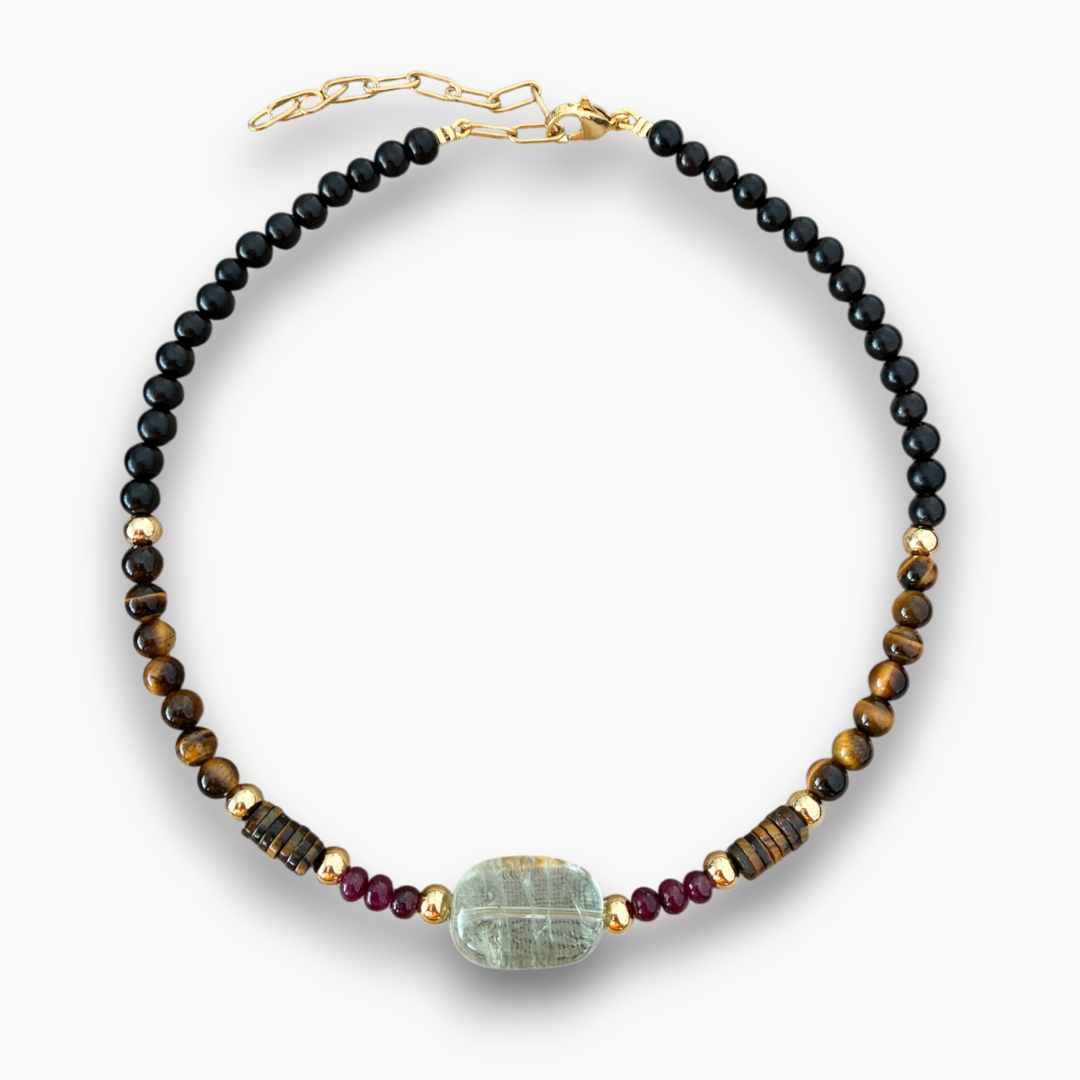 Collar prasiolita, rubí, ojo de tigre y ébano