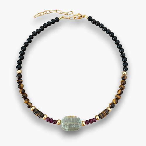 Collar prasiolita, rubí, ojo de tigre y ébano