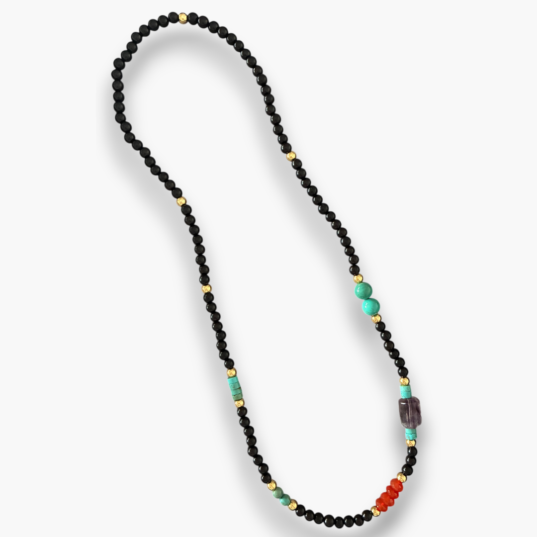 Collar ébano, amatista morada, turquesa y cornalina
