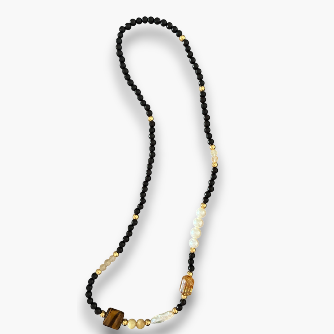 Collar ébano, citrino, perlas, ópalo amarillo y ojo de tigre