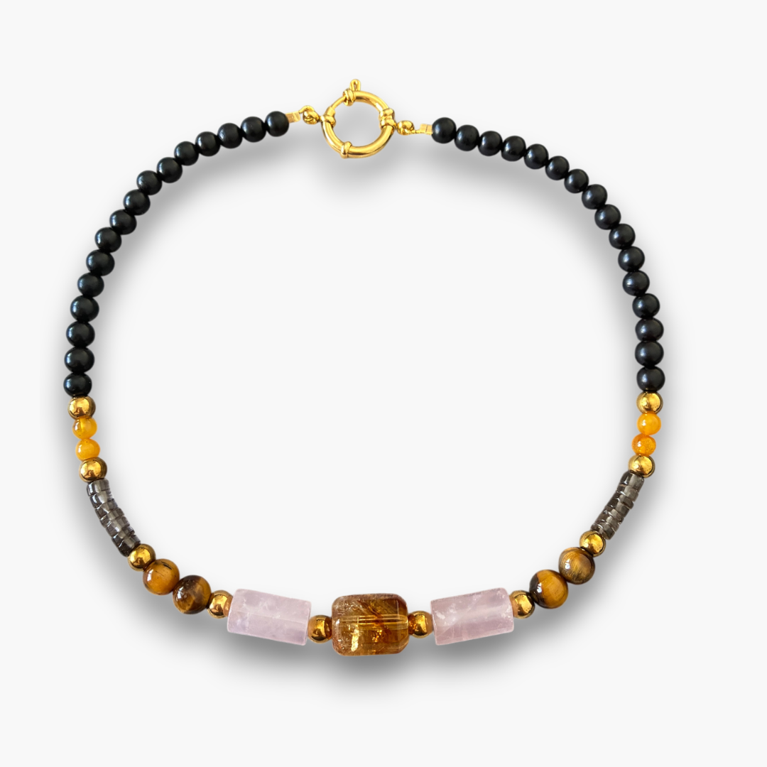 Gargantilla citrino, cuarzo rosa, ojo de tigre, cuarzo ahumado, ámbar báltico y ébano