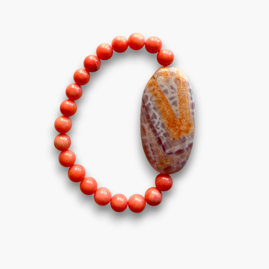 Pulsera ágatha de fuego y coral salmón
