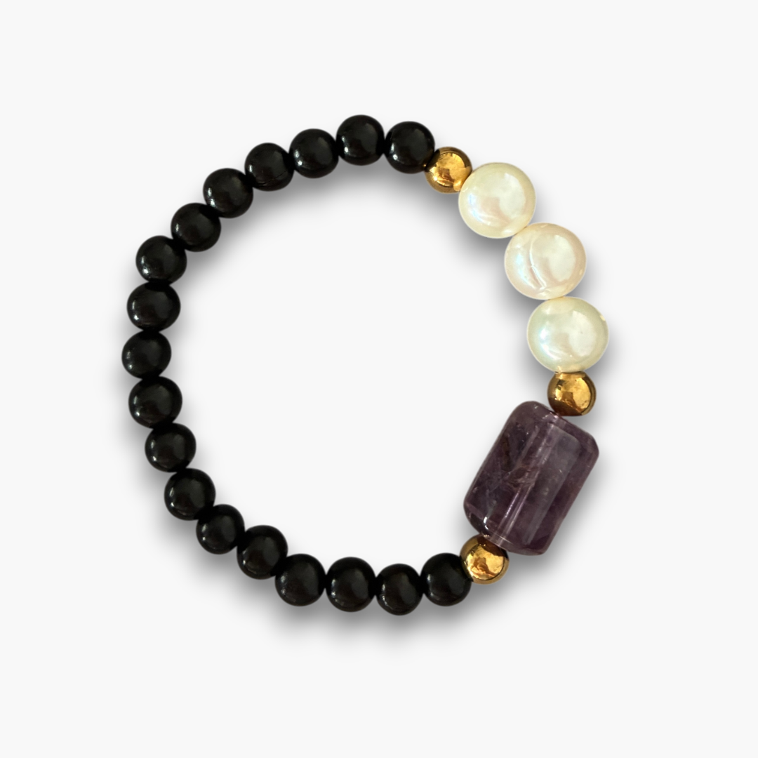 Pulsera ébano, amatista morada y perlas