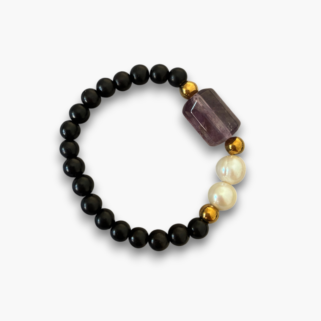 Pulsera ébano, amatista morada y perlas