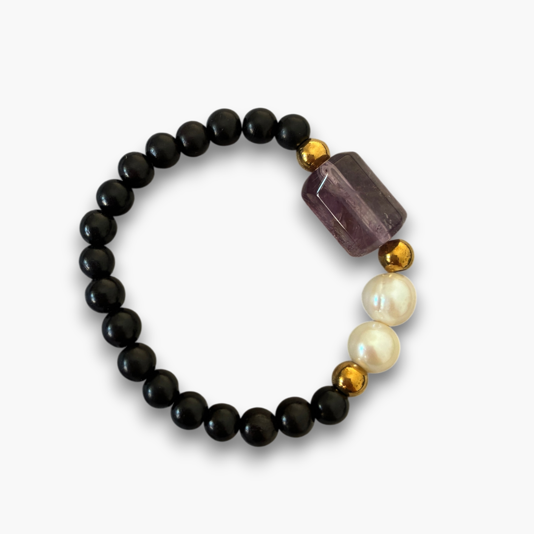 Pulsera ébano, amatista morada y perlas