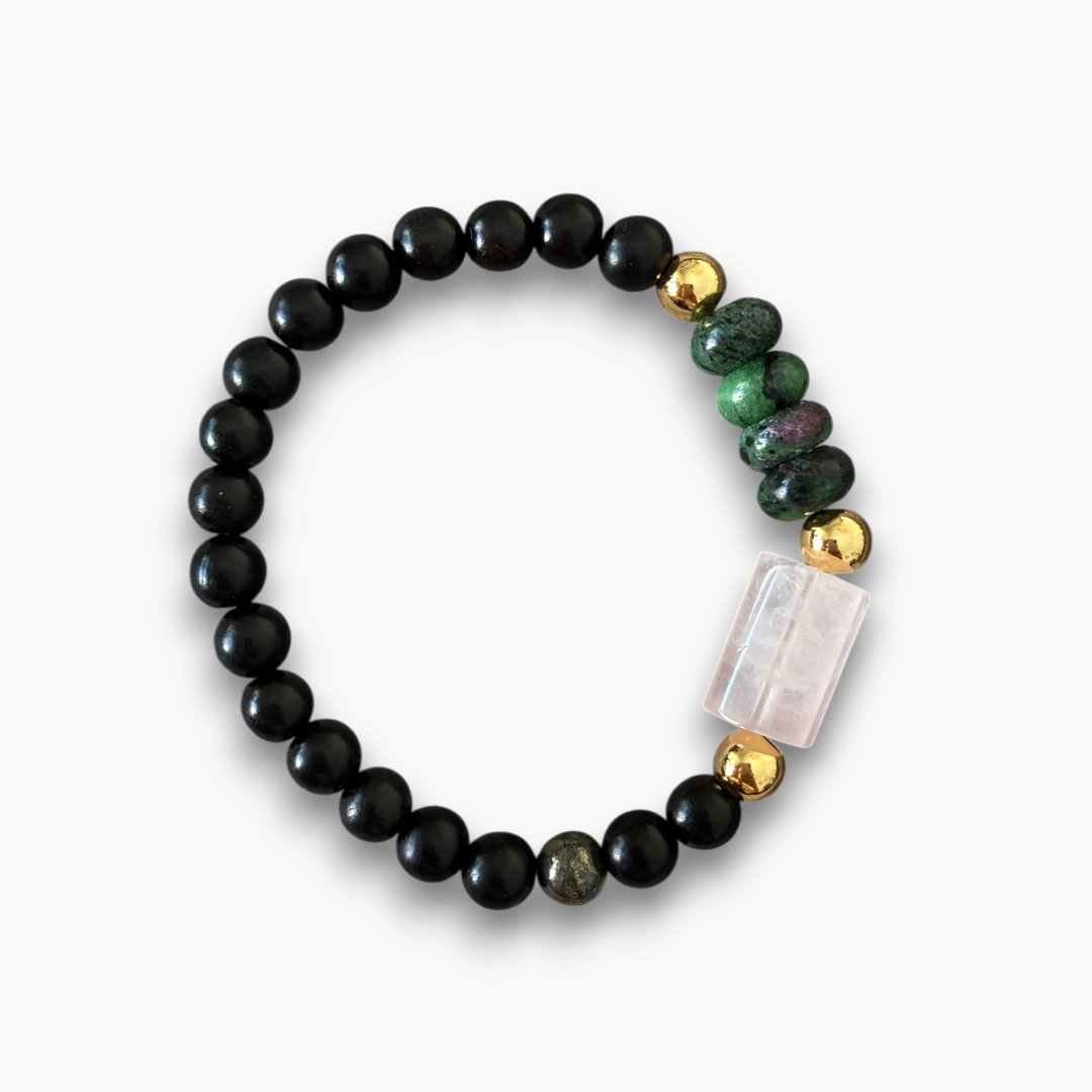 Pulsera cuarzo rosa, rubí zoisita, pirita y ébano
